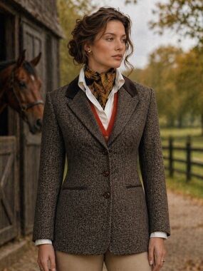 VTG International Scene Brown Wool Tweed Riding Blazer Jacket Velvet Collar Sz 8